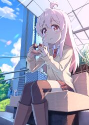  1girl ahoge black_thighhighs blue_sky blush boots brown_boots brown_eyes brown_sweater building changaa city closed_mouth clouds collared_shirt colored_inner_hair commentary_request day doughnut eating food food_on_face grass hair_between_eyes highres holding holding_donut holding_food knee_boots lens_flare long_hair long_sleeves looking_at_viewer multicolored_hair necktie onii-chan_wa_oshimai! outdoors oyama_mahiro pink_hair plaid_clothes plaid_skirt plant pleated_skirt red_necktie red_skirt shirt sitting skirt sky skyscraper solo sweater thigh-highs tree two-tone_hair v-neck wavy_mouth white_shirt 
