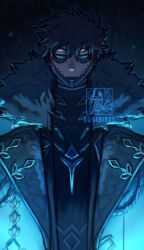  1boy aurabirds black_hair blue_eyes boku_no_hero_academia burn_scar coat crossover dabi_(boku_no_hero_academia) fatui_coat fur-trimmed_coat fur_trim genshin_impact highres male_focus multiple_boys piercing scar scar_on_face shirt short_hair solo spiky_hair stapled 