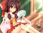  1girl ascot bare_shoulders bow brown_hair detached_sleeves fan hair_bow hair_tubes hakurei_reimu hand_on_own_chest hot legs_up long_hair long_sleeves looking_at_viewer miko mosquito_coil motion_lines open_mouth red_eyes skirt solo sun sunlight sweat tonchinkan touhou veranda vest wide_sleeves 