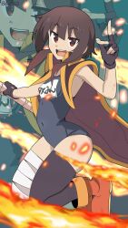  1girl :d artist_name asymmetrical_legwear bambi2000line bandaged_leg bandages black_cape black_thighhighs blue_one-piece_swimsuit boots breasts cape covered_navel fire highres holding holding_staff index_finger_raised kono_subarashii_sekai_ni_shukufuku_wo! megumin name_tag one-piece_swimsuit orange_trim red_boots red_eyes school_swimsuit single_thighhigh small_breasts smile solo staff swimsuit thigh-highs zoom_layer 