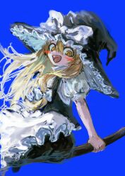  1girl absurdres apron black_hat black_skirt black_vest blonde_hair blue_background blush bow broom broom_riding commentary frills hair_bow hat hat_bow highres kirisame_marisa long_hair looking_at_viewer omaega_chan open_mouth puffy_short_sleeves puffy_sleeves short_sleeves skirt smile solo touhou vest waist_apron white_apron white_bow witch_hat yellow_eyes 