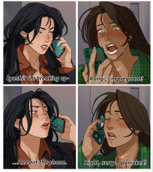  2girls absurdres avatar_legends black_hair blush brooklyn_nine-nine brown_hair cellphone commentary dark-skinned_female dark_skin earrings english_commentary english_text green_eyes highres holding holding_phone jewelry kyoshi_(avatar) long_hair marceline2174 multiple_girls open_mouth phone rangi_(avatar) scar scar_on_neck smartphone sweat yellow_eyes yuri 