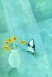  animal animal_focus bird commentary_request flower highres holding holding_flower nanaki_jun no_humans original penguin standing sunflower vase yellow_flower 