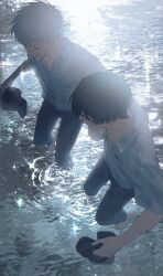  2boys black_hair black_pants breast_pocket cheng_yuan closed_eyes collared_shirt hikaru_ga_shinda_natsu holding holding_hands holding_shoes holding_unworn_clothes indou_hikaru male_focus multiple_boys open_mouth pants pocket reflection reflective_liquid ripples school_uniform shirt shoes short_hair short_sleeves smile tsujinaka_yoshiki unworn_shoes very_short_hair water wet wet_hair white_hair white_shirt wing_collar 