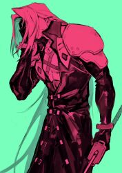  1boy absurdly_long_hair arm_up armor bare_pectorals belt belt_buckle buckle coat collared_coat commentary_request covered_eyes curtained_hair final_fantasy final_fantasy_vii gloves green_background hand_on_own_face highres holding holding_sword holding_weapon katana limited_palette long_hair long_sleeves male_focus moyashi_san4 multiple_belts partially_open_shirt pauldrons pectorals sephiroth shoulder_armor simple_background single_pauldron solo standing sword very_long_hair weapon wing_collar 
