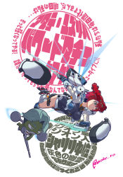  1boy 1girl amate_yuzuriha aqua_eyes armor beard breasts challia_bull commentary_request company_connection energy_gun energy_sword facial_hair frog_boy full_body gquuuuuux green_eyes green_hair gun gundam gundam_gquuuuuux headgear highres holding holding_gun holding_weapon jetpack keroro_gunsou laser_rifle mecha mecha_musume mechanical_arms mechanical_legs mechanical_wings moke_ro mustache open_mouth red_hair robot science_fiction short_hair sunrise_(company) sword v-fin weapon wings 
