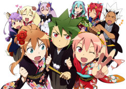  2boys 6+girls ^_^ anger_vein animal_ear_fluff animal_ears annemarie_melhorn_(arieko) apron aqua_eyes arieko arm_hug arm_up bad_id black_dress black_gloves black_hakama black_haori black_kimono black_sash blonde_hair blue_hair blue_haori blue_kimono blue_nails braid brown_hair chihiro_(arieko) closed_eyes dark-skinned_male dark_skin demon_boy demon_girl demon_horns dress ear_fondling facial_mark fang fingerless_gloves floral_print floral_print_kimono flower folded_fan folding_fan fox_ears fox_girl fox_tail gloves green_hair grey_kimono hagoita hair_bun hair_flower hair_intakes hair_ornament hair_ribbon hakama hakama_pants hakuouki_(arieko) hand_fan hand_on_another's_ear hand_up hands_up haori heart helga_wilhelm_(arieko) holding holding_fan holding_paddle horns japanese_clothes kimono kinui_(arieko) long_hair looking_at_another looking_at_viewer maid maid_headdress motoyui multiple_boys multiple_girls nail_polish notice_lines obi obiage obijime one_eye_closed open_mouth original outstretched_arm paddle pants pink_eyes pink_flower pink_hair ponytail print_kimono purple_flower purple_hair pushing_away red_eyes red_flower red_hair red_kimono ribbon rin_(arieko) sash shaorin_(arieko) short_hair simple_background single_braid spiky_hair standing tail tears twintails v white_apron white_background white_hair wide_sleeves yaeka_(arieko) yellow_ribbon yellow_sash yuuri_(arieko) 