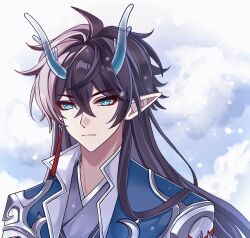  1boy bishounen black_hair blue_eyes blue_horns dan_feng_(honkai:_star_rail) dan_heng_(honkai:_star_rail) dan_heng_(imbibitor_lunae)_(honkai:_star_rail) dragon_horns earrings eastern_dragon_horns eyeshadow highres honkai:_star_rail honkai_(series) horns jewelry long_hair makeup male_focus momo_hubei pointy_ears red_eyeshadow single_earring solo tassel tassel_earrings upper_body 