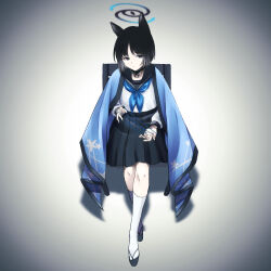  1girl akafuji186 animal_ears backpack bag black_eyes black_hair black_sandals black_skirt blue_archive blue_kimono blue_neckerchief cat_ears cat_girl closed_eyes collared_shirt commentary_request eyelashes full_body halo highres holding holding_string japanese_clothes kikyou_(blue_archive) kimono kimono_on_shoulders kneehighs neckerchief sandals school_uniform serafuku shadow shirt short_hair simple_background skirt socks solo string tabi white_background white_shirt white_socks 
