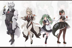  1boy 3girls absurdres alexandrina_sebastiane animal_bag animal_ears bear_bag black_boots black_dress black_hair black_pants black_shoes boots breasts brown_pantyhose chinese_commentary commentary_request corin_wickes cuffs cup dress drinking_glass ellen_joe eyepatch fins fish_tail food full_body furry furry_male grey_hair hair_between_eyes high_heels highres holding holding_plate holding_tray incredibly_absurdres knee_boots long_hair looking_at_viewer maid maid_headdress mole mole_under_eye mug multiple_girls pants pantyhose plate pocket_watch prosthesis prosthetic_leg pudding puffy_short_sleeves puffy_sleeves red_eyes red_hair screw_hair_ornament shark_girl shark_tail shoes short_sleeves single_leg_pantyhose smile spilled_drink tail towel towel_on_arm tray twintails vest violet_eyes von_lycaon watch wine_glass wolf_boy wolf_ears xianyulian zenless_zone_zero 