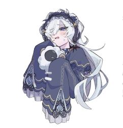  1girl bare_shoulders black_horns black_ribbon blue_dress blue_hairband bow crying crying_with_eyes_open dress dress_bow extra_horns frilled_dress frilled_hairband frilled_sleeves frills goat_horns gothic_lolita hair_over_one_eye hair_ribbon hairband horns kokubote829 lolita_fashion lolita_hairband long_hair long_sleeves looking_at_viewer mahou_shoujo_no_majo_saiban natsume_an-an off-shoulder_dress off_shoulder one_eye_covered polka_dot polka_dot_bow ribbon simple_background sleeve_bow sleeves_past_fingers sleeves_past_wrists solo spoilers tears upper_body violet_eyes white_background white_hair wide_sleeves witch_(manosaba) 