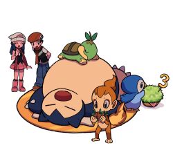  1boy 1girl :d beanie black_socks boots chimchar closed_eyes commentary hat highres hikari_(pokemon) holding long_hair lucas_(pokemon) lying on_back open_mouth pants piplup pokemon pokemon_(creature) pokemon_diamond/pearl/platinum red_hat red_scarf rug scarf shirt shoes short_sleeves skirt sleeveless sleeveless_shirt smile snorlax socks starter_pokemon_trio turtwig tyako_089 untranslatable_commentary white_background 