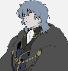  1boy ascot blue_coat brown_coat buttons coat formal_clothes fur_coat grey_hair hair_between_eyes looking_at_viewer male_focus medium_hair messy_hair metarogu overcoat pale_skin simple_background solo tsukihime tsukihime_(remake) upper_body vampire vlov_arkhangel white_ascot 
