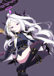  1girl ahoge arm_support belt black_gloves black_halo black_horns black_skirt black_thighhighs blue_archive boots coat coat_on_shoulders demon_girl demon_horns demon_wings forehead fur-trimmed_coat fur_trim gloves hair_ornament hairclip halo highres hina_(blue_archive) horns knee_boots long_hair long_sleeves looking_at_viewer military military_uniform mukai multiple_horns parted_bangs pencil_skirt purple_background purple_halo side_slit sidelocks simple_background sitting skirt solo thigh-highs violet_eyes white_hair wings 