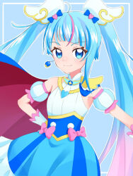  1girl ahoge amagan_ruruboshi arm_out_of_frame asymmetrical_bangs blue_background blue_cape blue_dress blue_eyes blue_hair blue_theme bow brooch cape closed_mouth commentary cure_sky cut_bangs detached_sleeves diagonal_bangs dress dress_bow earrings floating_cape gloves gradient_hair hair_bow hair_ornament hand_on_own_hip hirogaru_sky!_precure inset_border jewelry long_hair looking_at_viewer magical_girl medium_dress multicolored_hair outline outside_border pink_bow pink_hair precure puffy_detached_sleeves puffy_sleeves red_cape simple_background single_bare_shoulder single_earring single_hair_streak single_sidelock sleeveless sleeveless_dress smile solo sora_harewataru streaked_hair twintails two-sided_cape two-sided_fabric two-tone_dress two-tone_hair upper_body very_long_hair white_dress white_gloves white_outline wing_brooch wing_hair_ornament 