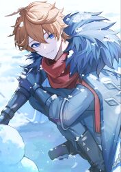  1boy ahoge birthday black_boots black_gloves black_pants blue_eyes boots closed_mouth coat crystal_earrings day earrings empty_eyes fatui_coat fur-trimmed_coat fur_trim genshin_impact gloves hair_between_eyes highres jewelry long_sleeves looking_at_viewer male_focus official_alternate_costume open_clothes open_coat orange_hair outdoors pants red_scarf scarf shadow short_hair single_earring sitting smile snow snowing snowman solo sparkle squatting tartaglia_(genshin_impact) white_coat winter yui_(linaw-key08) 
