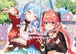  2girls :q ahoge amusement_park animal_ear_headwear arrow_(symbol) beret black_gloves blue_choker blue_hair blurry blurry_background brown_hat brown_jacket brown_skirt cardigan choker closed_eyes closed_mouth commentary_request cropped_cardigan cropped_hoodie cup dappled_sunlight day disposable_cup double-parted_bangs earrings fingerless_gloves food gloves green_eyes grey_hoodie gyaru_v hair_between_eyes hairband hat highres holding holding_cup holding_food hololive hood hoodie hoshimachi_suisei hoshimachi_suisei_(micomet) jacket jewelry long_hair midriff multiple_girls nail_art nail_polish official_alternate_costume official_alternate_hairstyle official_art outdoors pink_hair plaid_clothes plaid_jacket plaid_skirt pom_pom_(clothes) pom_pom_earrings raised_eyebrows red_cardigan ribbed_sweater sakura_miko sakura_miko_(micomet) second-party_source skirt smile sparkle sunlight sweater swept_bangs symbol_in_eye tongue tongue_out translation_request twintails upper_body v variant_set virtual_youtuber white_hairband white_sweater yumesaki_nana 