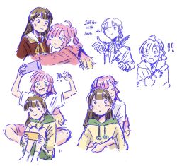  ! !! 2girls :> :< ahoge anyoji_hime anyoji_hime_(cosplay) anyoji_hime_(summer_loungewear) ascot black_ribbon blue_eyes blush braid brown_dress brown_hair center-flap_bangs closed_mouth commentary cosplay dress eye_contact frown hair_ribbon handheld_game_console hasu_no_sora_school_uniform highres holding holding_handheld_game_console hood hood_down hooded_jacket hoodie hug hug_from_behind ichigo_milk_love jacket kachimachi_kosuzu kachimachi_kosuzu_(summer_loungewear) long_hair long_sleeves looking_at_another love_live! love_live!_hasu_no_sora_jogakuin_school_idol_club mizoe multi-tied_hair multiple_girls multiple_views neckerchief parted_lips partially_colored pink_jacket ponytail red_eyes ribbon sailor_collar sailor_dress school_uniform shirt short_sleeves side_braids simple_background smile song_name t-shirt untranslatable_commentary virtual_youtuber white_background white_sailor_collar white_shirt winter_uniform yellow_hoodie yellow_neckerchief 