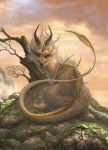  dragon fantasy highres no_humans original red_sky signature sky tree ucchiey 