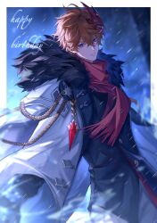  1boy absurdres black_pants black_shirt blue_eyes earrings fur-trimmed_jacket fur_trim genshin_impact grey_jacket hair_between_eyes happy_birthday highres jacket jewelry kome215629 male_focus mask mask_on_head orange_hair pants red_mask red_scarf scarf shirt solo tartaglia_(genshin_impact) 