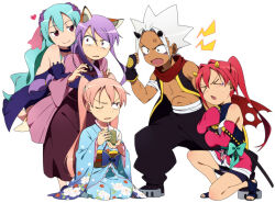  >_< 1boy 4girls angry animal_ear_fluff animal_ears arieko arm_hug arm_wrap bad_id black_choker black_dress black_gloves black_pants black_shirt black_shoes black_sleeves black_vest blue_bow blue_hair blue_kimono bow brown_kimono chihiro_(arieko) choker clenched_hand closed_eyes cup dark-skinned_male dark_skin demon_boy demon_girl demon_horns detached_sleeves dress facial_mark fang fingerless_gloves floral_print floral_print_kimono flower fox_ears fox_girl gloves hair_flower hair_intakes hair_ornament hakuouki_(arieko) hand_up haori heart holding holding_cup horns japanese_clothes katana kimono kinui_(arieko) lightning_bolt_symbol long_hair long_sleeves looking_at_another looking_back multiple_girls navel obi obiage obijime one_eye_closed open-toe_shoes open_clothes open_mouth open_vest original pants pink_eyes pink_hair pink_haori pink_sleeves ponytail print_kimono purple_flower purple_hair red_eyes red_hair red_scarf rin_(arieko) sash scarf seiza sheath sheathed shirt shoes short_dress short_hair sideways_glance simple_background sitting sleeveless sleeveless_dress sleeves_past_wrists spiky_hair standing sword torn_clothes torn_scarf twintails v-shaped_eyebrows vest weapon white_background white_hair yaeka_(arieko) yunomi 