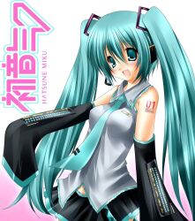  1girl 2000s_(style) :d aqua_eyes aqua_hair aqua_necktie aqua_trim bare_shoulders black_skirt black_sleeves blush breasts character_name collared_shirt commentary detached_sleeves dot_nose english_commentary fang faux_retro_artstyle frilled_shirt frilled_shirt_collar frills gradient_background grey_shirt hair_between_eyes hatsune_miku headphones headset highres long_hair long_sleeves looking_at_viewer medium_breasts midriff_peek miniskirt necktie number_tattoo open_mouth pink_background pleated_skirt shirt shoulder_tattoo skirt sleeveless sleeveless_shirt sleeves_past_fingers sleeves_past_wrists smile solo tattoo third-party_source tie_clip twintails veravaiin vocaloid white_background wide_sleeves 