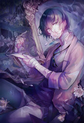  1boy bandaged_arm bandaged_neck bandages brown_hair brown_jacket brown_pants brown_sweater_vest bungou_stray_dogs collared_shirt dazai_osamu_(bungou_stray_dogs) eveshut eyes_visible_through_hair flower flower_in_mouth flower_request hair_over_shoulder highres holding holding_knife jacket knees_out_of_frame knife looking_at_viewer male_focus pants partially_unbuttoned shirt short_hair sleeves_rolled_up smile solo striped_clothes striped_shirt sweater_vest white_shirt yellow_eyes 