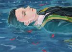  black_hair formal goku2036 green_eyes hair_slicked_back loki_(marvel) male marvel partially_submerged petals scarf solo suit water 