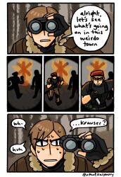  2boys beret binoculars black_gloves black_shirt border brown_hair brown_jacket commentary english_commentary fingerless_gloves fur-trimmed_jacket fur_trim furrowed_brow gloves hat highres holding holding_binoculars holding_knife jack_krauser jacket knife leon_s._kennedy maddie_(othatsraspberry) male_focus multiple_boys parted_lips pov_binoculars red_hat resident_evil resident_evil_4 running shirt short_hair sweatdrop twitter_username white_border 