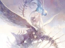  bare_shoulders barefoot blue_eyes blue_hair expressionless feet floating_hair long_hair looking_at_viewer original sanbonzakura sitting solo wings 