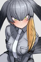  1girl absurdres bird_tail bird_wings blonde_hair breast_pocket breasts deku_suke expressionless green_eyes grey_background grey_bodystocking grey_shirt grey_shorts hair_between_eyes head_wings highres kemono_friends looking_at_viewer medium_breasts multicolored_hair necktie pocket sanpaku shirt shoebill_(kemono_friends) short_hair_with_long_locks short_shorts short_sleeves shorts simple_background single_sidelock solo tail two-tone_hair white_necktie wings 