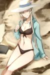  bikini black_bikini breasts cleavage front-tie_top grey_hair hat hooded_jacket jormungand koko_hekmatyar long_hair looking_at_viewer navel prime sitting sketch smile solo sun_hat swimsuit 