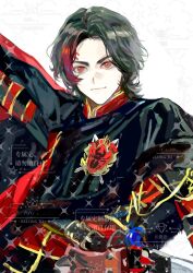  1boy animification arm_up black_cape black_hair cape chinese_commentary chuanli_jin closed_mouth commentary_request gira_husty highres looking_at_viewer male_focus multicolored_hair ohsama_sentai_king-ohger pale_skin red_eyes red_streaks short_hair simple_background single_hair_streak smile solo streaked_hair super_sentai too_many_watermarks upper_body watermark white_background 