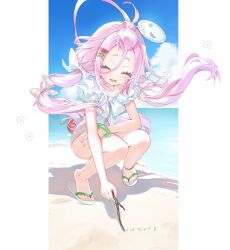  1girl :d ^_^ ahoge aino_(genshin_impact) bangs_pinned_back beach blue_sky blush bow bracelet character_name closed_eyes clouds commentary_request day eyelashes flip-flops floating_hair food-themed_hair_ornament forehead frilled_one-piece_swimsuit frills genshin_impact hair_between_eyes hair_bow hair_ornament hairclip happy heart heart_ahoge highres holding holding_stick jewelry long_hair low_twintails lower_teeth_only ocean one-piece_swimsuit open_mouth outdoors pink_bow pink_hair pink_one-piece_swimsuit plaid_bow plaid_clothes plaid_one-piece_swimsuit sand sand_writing sandals shadow short_eyebrows sidelocks sky smile solo squatting stick swimsuit teeth twintails very_long_hair water watermelon_hair_ornament white_bow white_one-piece_swimsuit white_sandals yu-ri_(arium047) 
