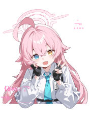  1girl :d absurdres ahoge black_gloves blue_archive blue_eyes blue_necktie blush chinese_commentary collared_shirt commentary_request commission fang fingerless_gloves gloves hair_between_eyes halo head_rest heterochromia highres hoshino_(blue_archive) huge_ahoge long_hair long_sleeves looking_at_viewer mo_zi_de_kuai_le_sheng_huo necktie open_mouth pink_hair pink_halo puffy_long_sleeves puffy_sleeves shirt simple_background smile solo straight-on upper_body v watermark white_background white_shirt yellow_eyes 