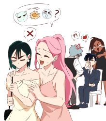 2boys 3girls alien_stage anger_vein bag black_bag black_dress black_hair black_jacket black_necktie blank_eyes blood closed_eyes collared_shirt dress grey_hair highres hyuna_(alien_stage) ivan_(alien_stage) jacket kuradrawings laughing long_hair mizi_(alien_stage) multiple_boys multiple_girls necktie nosebleed off-shoulder_dress off_shoulder pink_dress pointing ponytail shirt short_hair shoulder_bag sleeveless sleeveless_dress sua_(alien_stage) suit_jacket thick_eyebrows very_short_hair white_shirt yellow_dress 