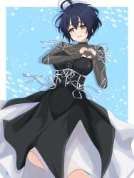  1girl 22/7 absurdres ahoge ato_de_wakaru_koto black_dress black_hair blue_background border brown_eyes commentary_request dress drop_shadow feet_out_of_frame highres long_sleeves open_mouth outside_border pianissimo_227 ribbon see-through_clothes see-through_sleeves short_hair solo standing takigawa_miu uppercut wavy_hair white_border white_ribbon 