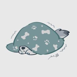  absurdres animal_focus blanket bone_print closed_mouth commentary grey_background highres no_humans original paw_print paw_print_pattern rinrinwolf signature simple_background trembling under_covers wolf 