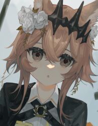  1girl :o animal_ear_fluff animal_ears arknights black_jacket brown_hair cat_ears cat_girl diamond-shaped_pupils diamond_(shape) dutch_angle flower grey_eyes hair_flower hair_ornament jacket looking_at_viewer miike_(992058) open_clothes open_jacket portrait red_pupils shirt short_hair simple_background solo symbol-shaped_pupils tiara triangle_mouth vendela_(arknights) white_background white_shirt 