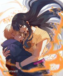  1boy 1girl bangle belt black_choker bleeding blonde_hair blood blood_from_mouth blood_on_clothes blood_on_face blood_splatter blue_hair blue_pants blue_sweater boruto:_naruto_next_generations boruto:_two_blue_vortex boruto_(series) bracelet choker closed_mouth crop_top crying crying_with_eyes_open cuddling denim earrings facial_mark fang fangs floral_print flower hug jeans jewelry long_hair messy_hair miiutamiii_(artist) naruto_(series) orange_eyes pale_skin pants pink_belt sharp_teeth shirt streaming_tears sunflower sunflower_print sweater t-shirt tearing_up tears teeth upper_teeth_only uzumaki_himawari wavy_hair whisker_markings yamanaka_inojin yellow_shirt 
