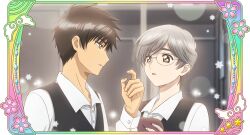  2boys black_vest border brown_eyes brown_hair cardcaptor_sakura glasses grey_hair hand_up holding indoors kinomoto_touya male_focus multiple_boys official_art open_mouth ornate_border pale_skin short_hair third-party_source tsukishiro_yukito vest yellow_eyes 