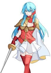  1girl absurdres aqua_eyes aqua_hair armor bilingual_commentary blue_eyes blue_hair breastplate breasts cape closed_mouth commentary eirika_(fire_emblem) fingerless_gloves fire_emblem fire_emblem:_the_sacred_stones gloves highres holding holding_sword holding_weapon korean_commentary long_hair looking_at_viewer mixed-language_commentary nyxrkgk rapier red_gloves shoulder_armor simple_background skirt smile solo sword thigh-highs weapon white_background white_cape white_skirt yellow_armor 