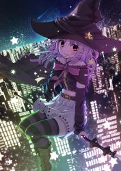 :p absurdres belt black_hat boots broom broom_riding brown_belt brown_boots building city_lights comet commentary_request detached_sleeves durchfallkaffee_levante hat hat_ornament highres large_hat long_hair looking_at_viewer magia_record:_mahou_shoujo_madoka_magica_gaiden magical_girl mahou_shoujo_madoka_magica midriff misono_karin night purple_hair purple_thighhighs skirt sky skyscraper star_(sky) star_(symbol) star_hat_ornament star_print starry_sky striped_clothes striped_thighhighs thigh-highs tongue tongue_out violet_eyes white_skirt witch_hat 