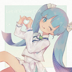  1girl blue_eyes blue_hair blue_ribbon border clover_club_(vocaloid) eyelashes hatsune_miku heart heart_hands licking_lips long_hair long_sleeves looking_at_viewer one_eye_closed pleated_skirt ribbon shikimaro skirt solo tongue tongue_out twintails very_long_hair vocaloid white_border white_skirt 