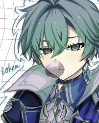  1boy armor belt belt_collar black_belt blowing_bubble_gum blue_shirt character_name chewing_gum choker coat collar collared_shirt commentary_request crossed_bangs double-parted_bangs earrings genshin_impact green_hair hair_between_eyes hair_intakes highres jewelry lohen_(genshin_impact) looking_at_viewer male_focus mole mole_under_eye multicolored_eyes shirt short_hair shoulder_armor single_earring solo to_sai0597 upper_body white_background 