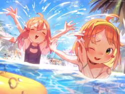  2girls absurdres ahoge armpits arms_up bikini blue_one-piece_swimsuit blush blush_stickers chaos_(yui_yuu) closed_eyes clouds commission green_eyes hairband highres innertube long_hair multiple_girls najucaju_naju one-piece_swimsuit one_eye_closed open_mouth orange_hair original outdoors partially_submerged peace_(yui_yuu) pink_hair short_hair sky smile splashing swim_ring swimsuit umbrella water white_bikini 