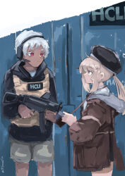  1girl ahoge beret black_hat black_hoodie black_necktie brown_jacket bulletproof_vest camera character_request cheyanne_(girls'_frontline_2) collared_shirt commentary_request cowboy_shot dark_skin from_side girls'_frontline_2:_exilium girls_frontline grey_hair grey_shorts gun h&amp;k_ump hair_between_eyes hat headphones highres holding holding_camera holding_gun holding_weapon hood hoodie jacket long_hair long_sleeves low_ponytail m200_(girls'_frontline) microphone necktie ponytail red_eyes shirt shorts strap submachine_gun sweatdrop todoroki_mushi vest violet_eyes weapon white_hair white_shirt 