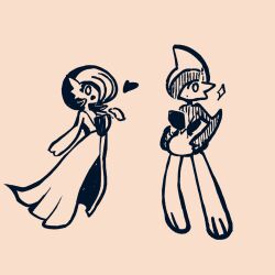  1boy 1girl bob_cut closed_mouth commentary dot_mouth flat_chest full_body gallade gardevoir hair_over_one_eye hands_on_own_hips happy heart highres looking_at_viewer mohawk monochrome nanami_marron one_eye_covered open_mouth pokemon pokemon_(creature) short_hair simple_background smile sparkle standing wide-eyed 