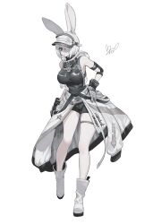  1girl absurdres animal_ears black_shorts boots breasts clothes_around_waist commentary_request daburyu final_fantasy final_fantasy_xiv full_body gloves green_eyes hair_over_one_eye highres jacket jacket_around_waist large_breasts looking_at_viewer parted_lips rabbit_ears shorts signature simple_background solo thigh_strap viera visor_cap warrior_of_light_(ff14) white_background white_boots 