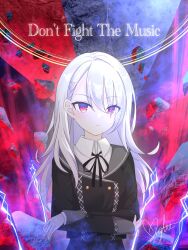  1girl artist_name azlight_k black_ribbon black_skirt black_suit closed_mouth collared_shirt commentary crossed_arms english_commentary highres long_hair long_sleeves looking_at_viewer neck_ribbon ongeki planted planted_sword ribbon shirt skirt solo song_name suit sumeragi_setsuna sword upper_body violet_eyes weapon white_hair white_shirt 